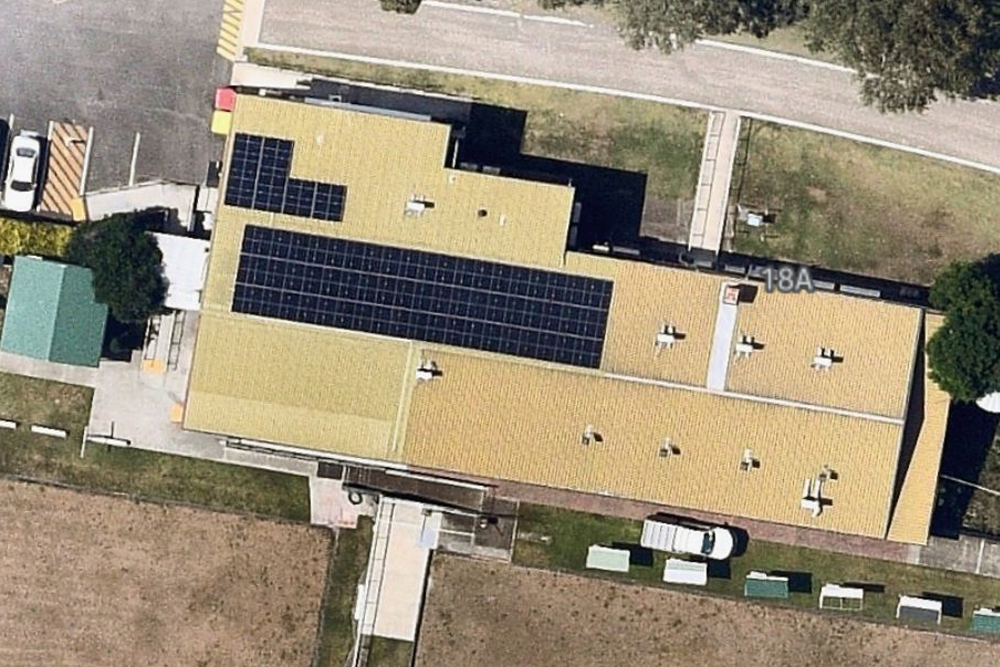 An aerial view of the Y Cannon Hill Community Centre roof and solar panels